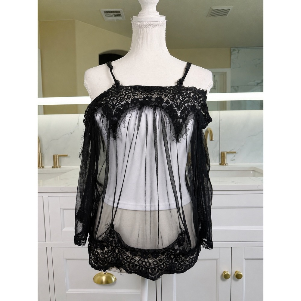 Black Sheer Lace Top Womens Cold Shoulder Mesh Long Sleeve Y2K Goth Layering